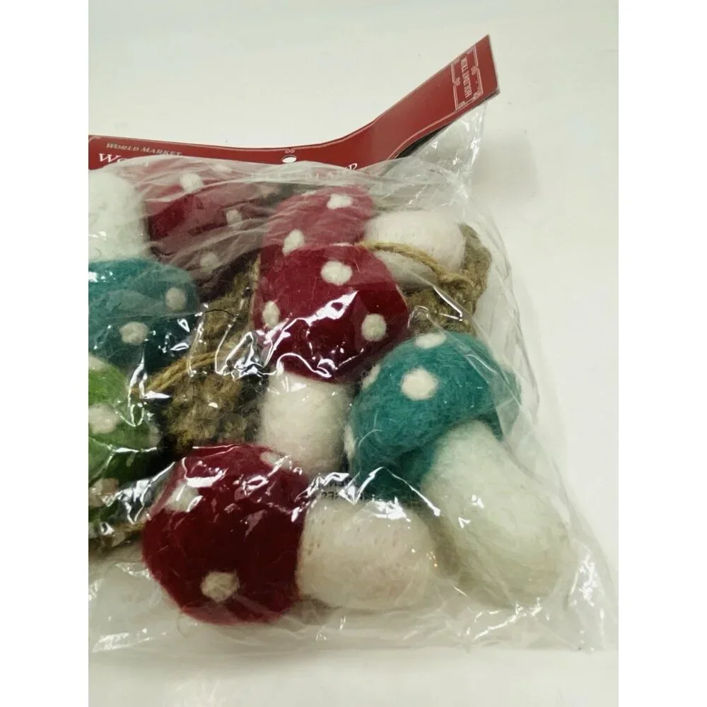 WORLD MARKET Felted Wool Mushroom Garland Teal Red Green From Nepal 48” NEW